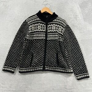 Jones New York Cardigan Sweater Women PL Black Geometric Wool Full Zip Mock Neck